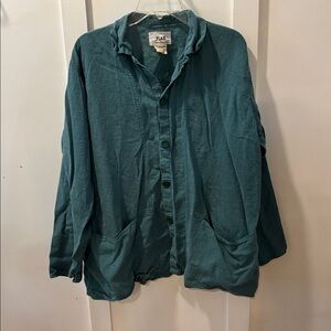Flax Medium Button Up Down Shirt W/ Two Big Pockets Green Linen Casual Everyday